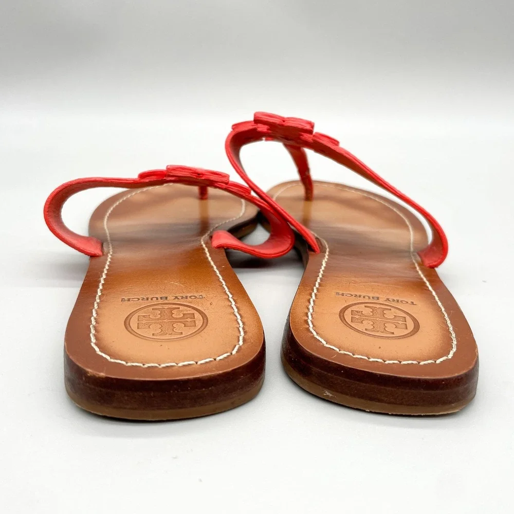 Tory Burch Moore Sandals Womens 10M Poppy Red Leather Logo Thong Flats Preppy